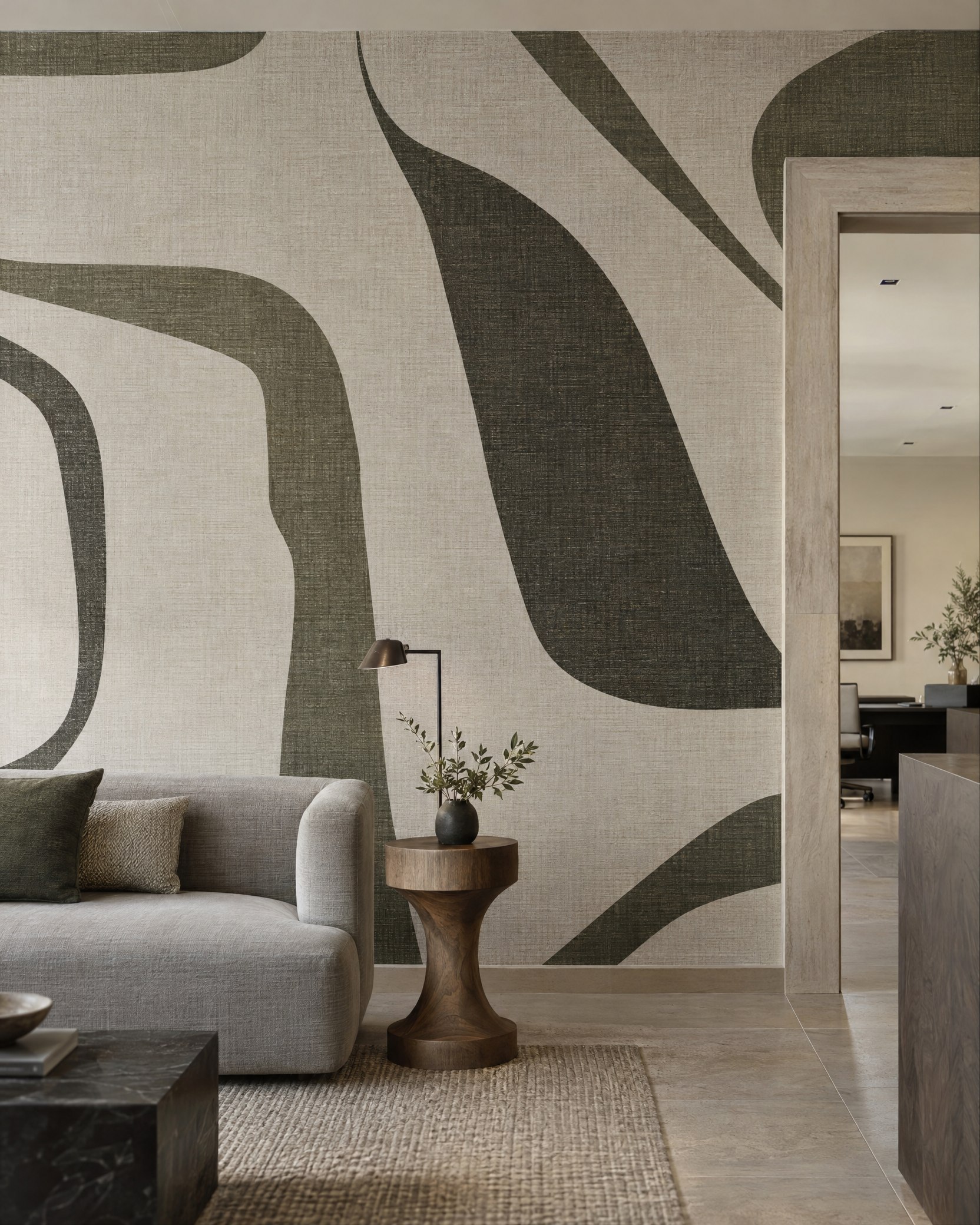 Contemporary office lounge with linen-textured abstract olive mural wallpaper and a neatly finished doorway