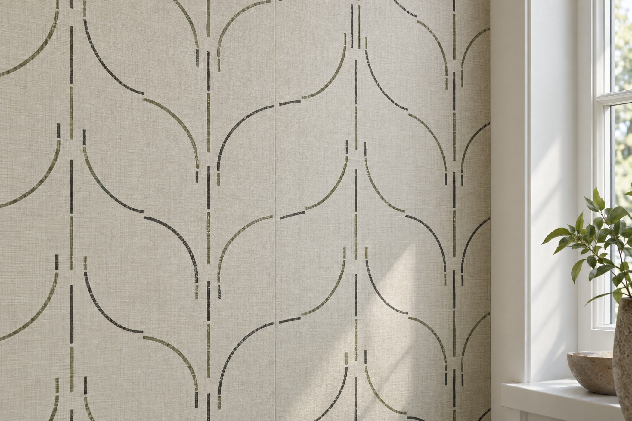 Linen-textured patterned wallpaper with a matched seam and clean edge at a window reveal